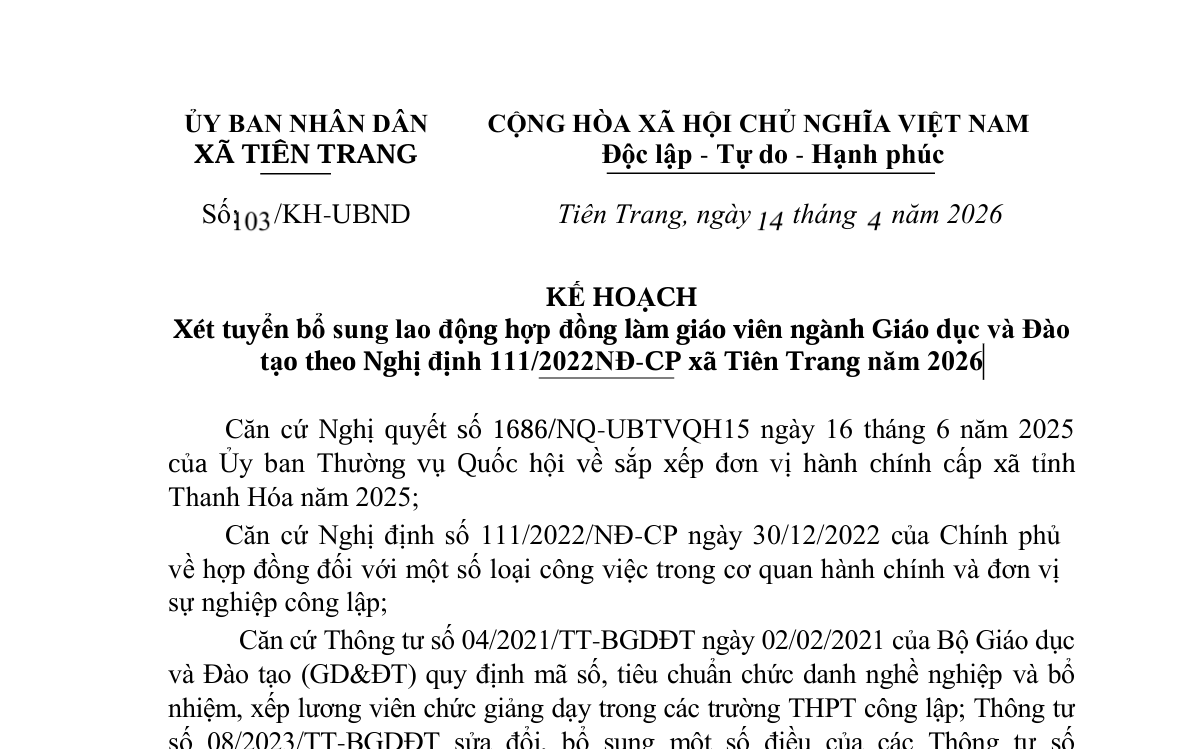 KẾ HOẠCH  Xét tuyển bổ sung lao động hợp đồng làm giáo viên ngành Giáo dục và Đào  tạo theo Nghị định 111/2022NĐ-CP xã Tiên Trang năm 2026