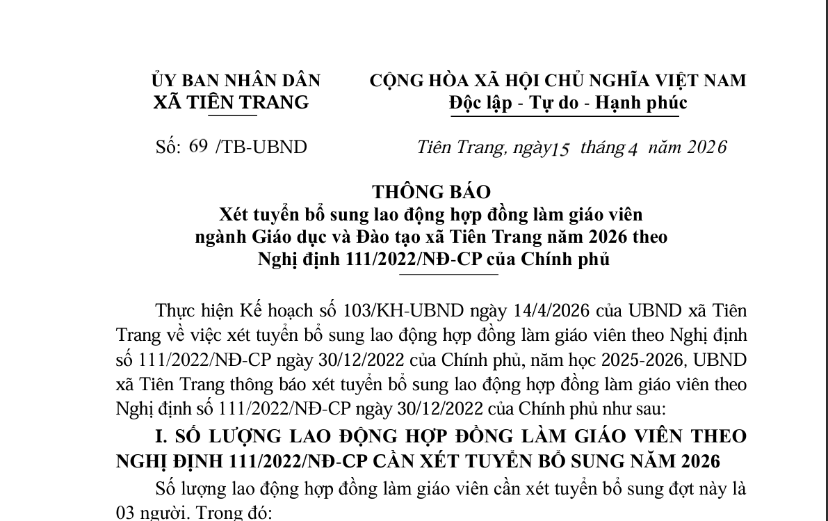 THÔNG BÁO  Xét tuyển bổ sung lao động hợp đồng làm giáo viên   ngành Giáo dục và Đào tạo xã Tiên Trang năm 2026 theo  Nghị định 111/2022/NĐ-CP của Chính phủ