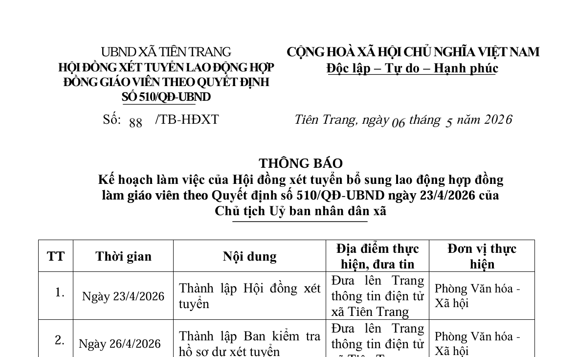 THÔNG BÁO  Kế hoạch làm việc của Hội đồng xét tuyển bổ sung lao động hợp đồng   làm giáo viên theo Quyết định số 510/QĐ-UBND ngày 23/4/2026 của   Chủ tịch Uỷ ban nhân dân xã