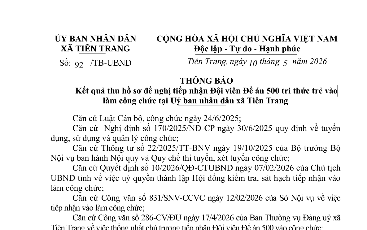 THÔNG BÁO Kết quả thu hồ sơ đề nghị tiếp nhận Đội viên Đề án 500 tri thức trẻ vào  làm công chức tại Uỷ ban nhân dân xã Tiên Trang