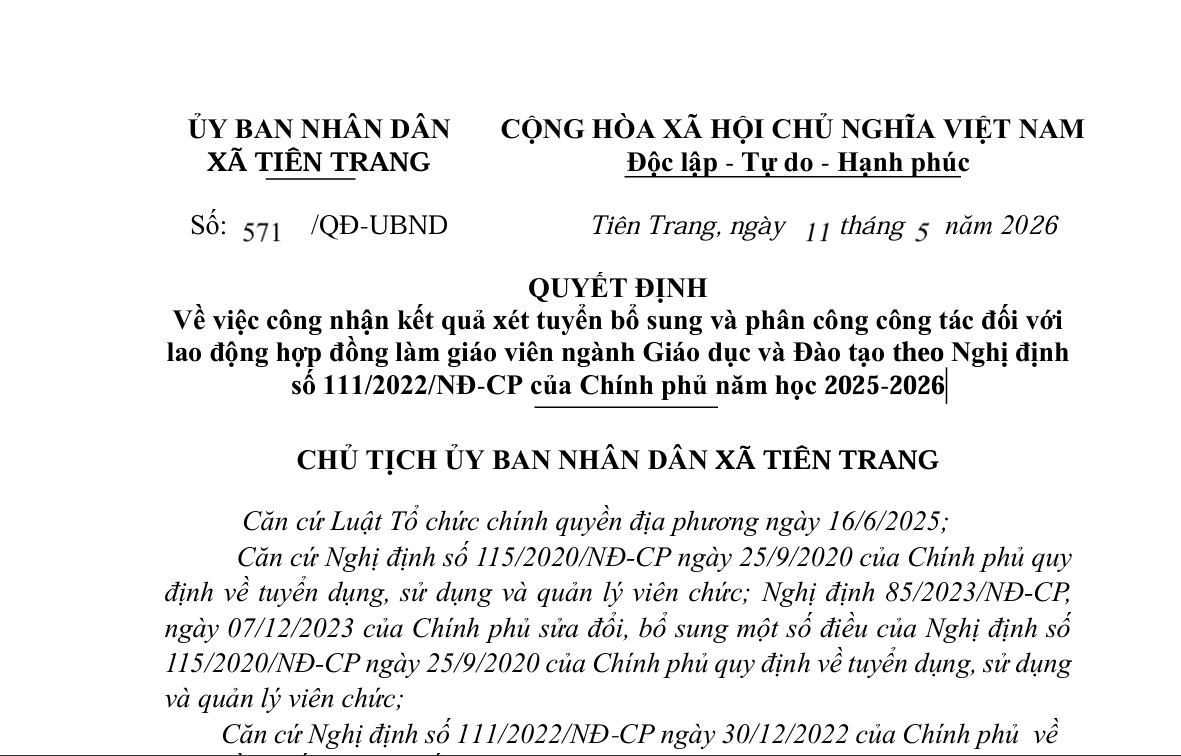 QUYẾT ĐỊNH  Về việc công nhận kết quả xét tuyển bổ sung và phân công công tác đối với  lao động hợp đồng làm giáo viên ngành Giáo dục và Đào tạo theo Nghị định số 111/2022/NĐ-CP của Chính phủ năm học 2025-2026