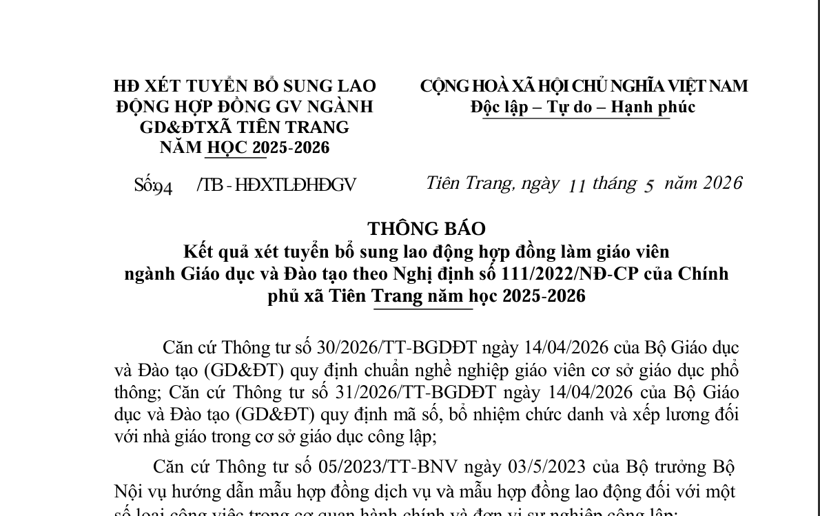 THÔNG BÁO Kết quả xét tuyển bổ sung lao động hợp đồng làm giáo viên   ngành Giáo dục và Đào tạo theo Nghị định số 111/2022/NĐ-CP của Chính  phủ xã Tiên Trang năm học 2025-2026