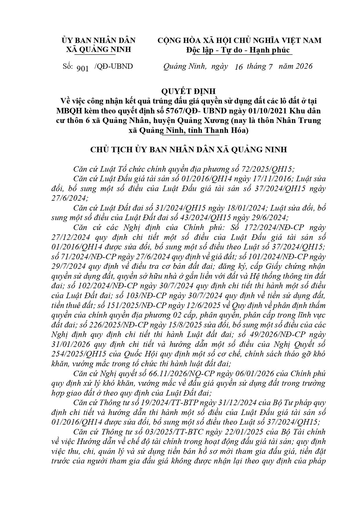 Quyết định về việc công nhận kết quả trúng đấu giá quyền sử dụng đất các lô đất ở tại MBQH khu dân cư thôn 6 xã Quảng Ninh
