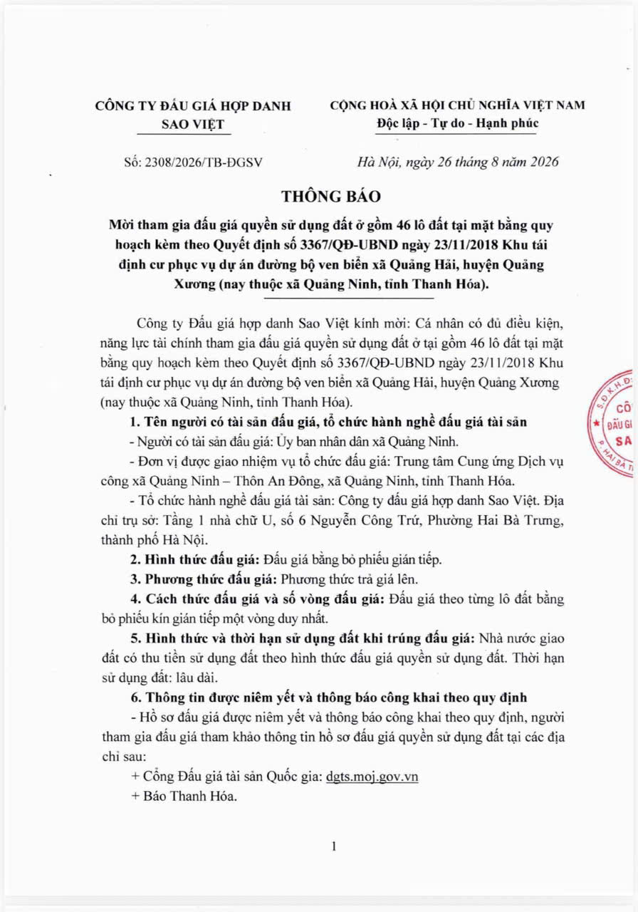 Thông báo đấu giá quyền sử dụng 46 lô đất tại mặt bằng quy hoạch 3367