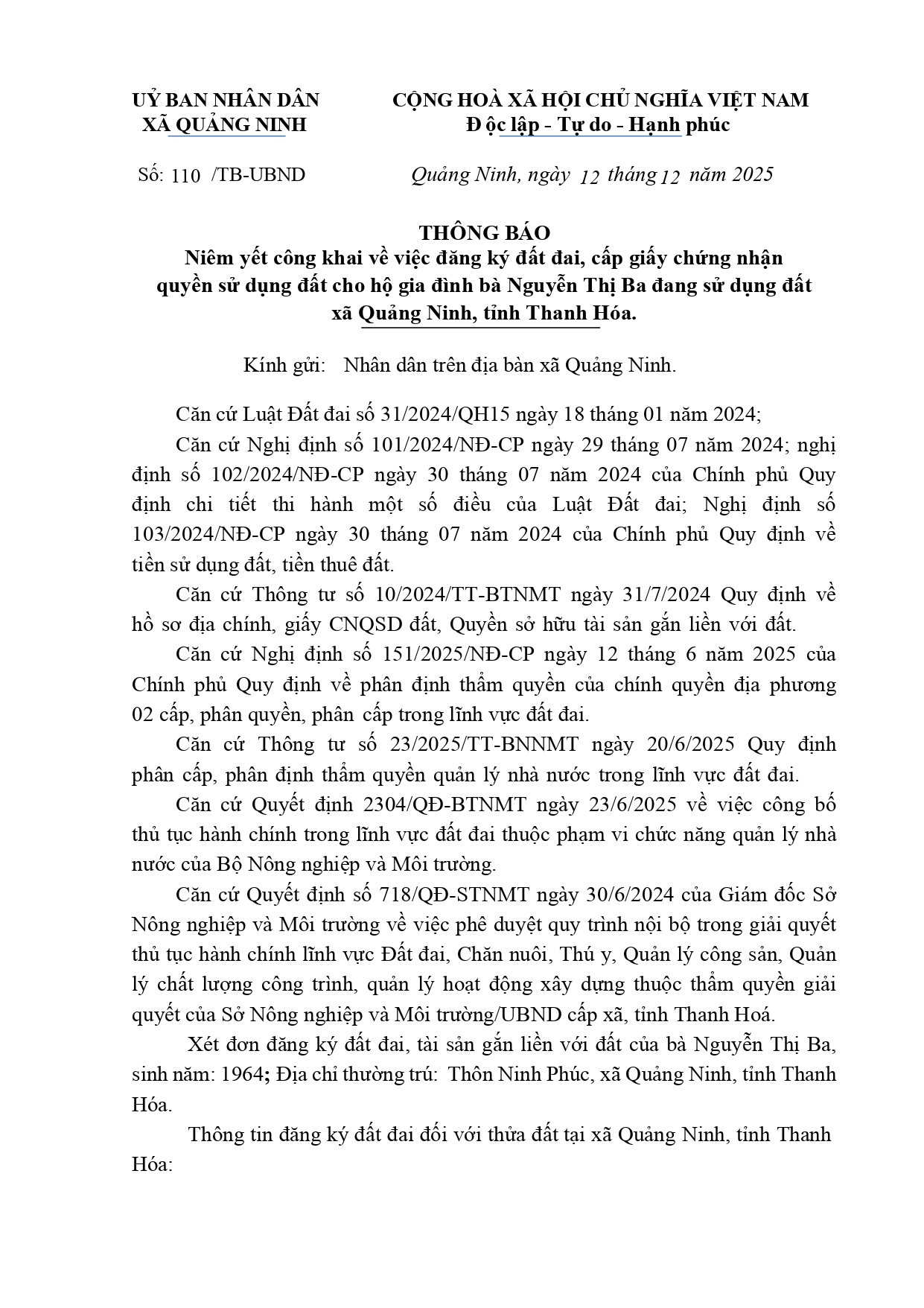Thông báo Niêm yết công khai về việc đăng ký đất đai, cấp Giấy CNQSDĐ cho hộ gia đình bà Nguyễn Thị Ba