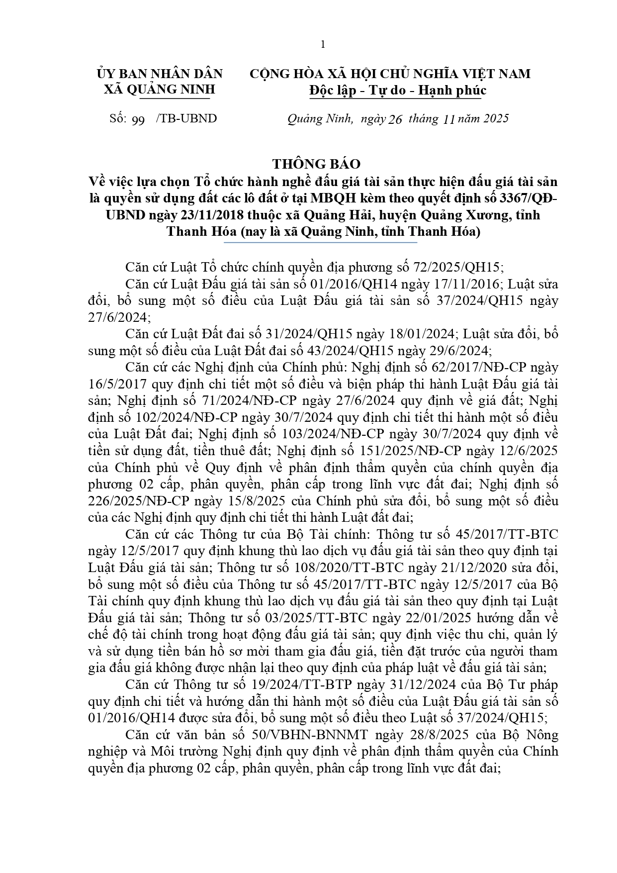 Thông báo về việc lựa chọn Tổ chức hành nghề đấu giá tài sản thực hiện đấu giá tài sản
