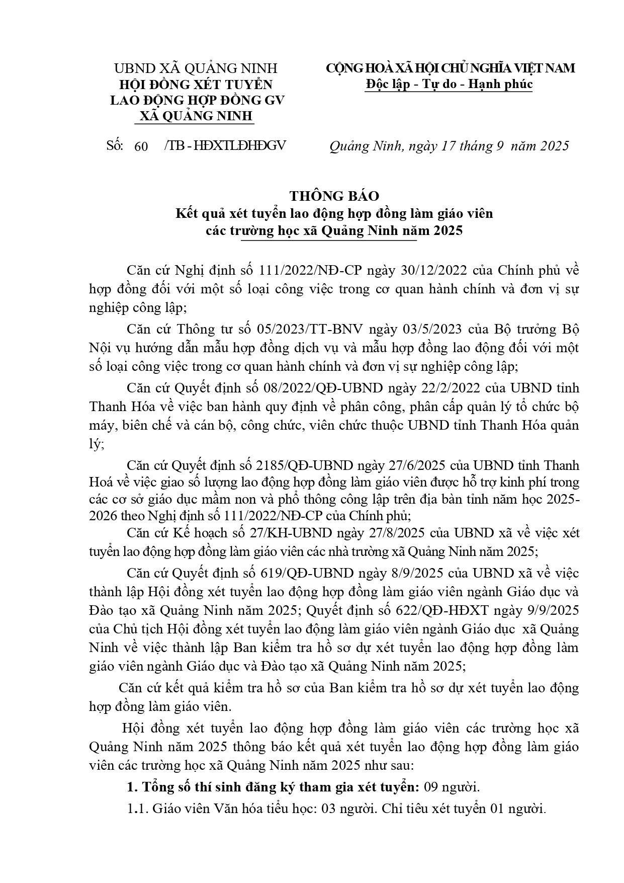 Thông báo Kết quả xét tuyển lao động hợp đồng làm giáo viên các trường học xã Quảng Ninh năm 2025