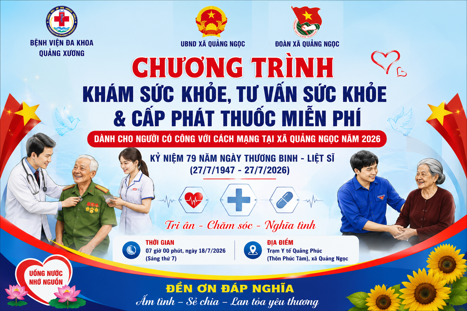 ĐOÀN XÃ QUẢNG NGỌC PHỐI HỢP TỔ CHỨC KHÁM SỨC KHỎE, TƯ VẤN VÀ CẤP PHÁT THUỐC MIỄN PHÍ CHO NGƯỜI CÓ CÔNG VỚI CÁCH MẠNG.