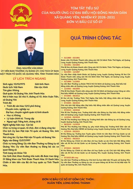Tiểu sử tóm tắt những người ứng cử đại biểu HĐND xã Quảng Yên, nhiệm kỳ 2026 -2031 đơn vị bầu cử số 07 gồm các thôn: Long Đông Thành, Xuân Tiến