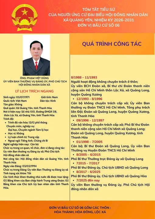 Tiểu sử tóm tắt những người ứng cử đại biểu HĐND xã Quảng Yên, nhiệm kỳ 2026 -2031 đơn vị bầu cử số 06 gồm các thôn: Hòa Đông, Hòa Thành, Lộc Xá