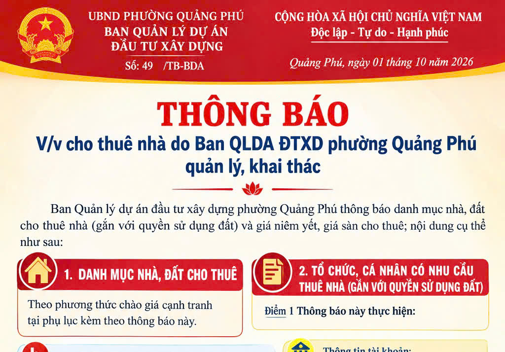 THÔNG BÁO: Cho thuê nhà do Ban QLDA ĐTXD phường Quảng Phú quản lý, khai thác