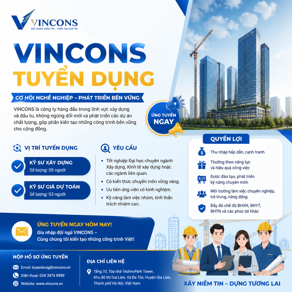 VINCONS TUYỂN DỤNG LAO ĐỘNG LÀM VIỆC TẠI DỰ ÁN PVF HƯNG YÊN