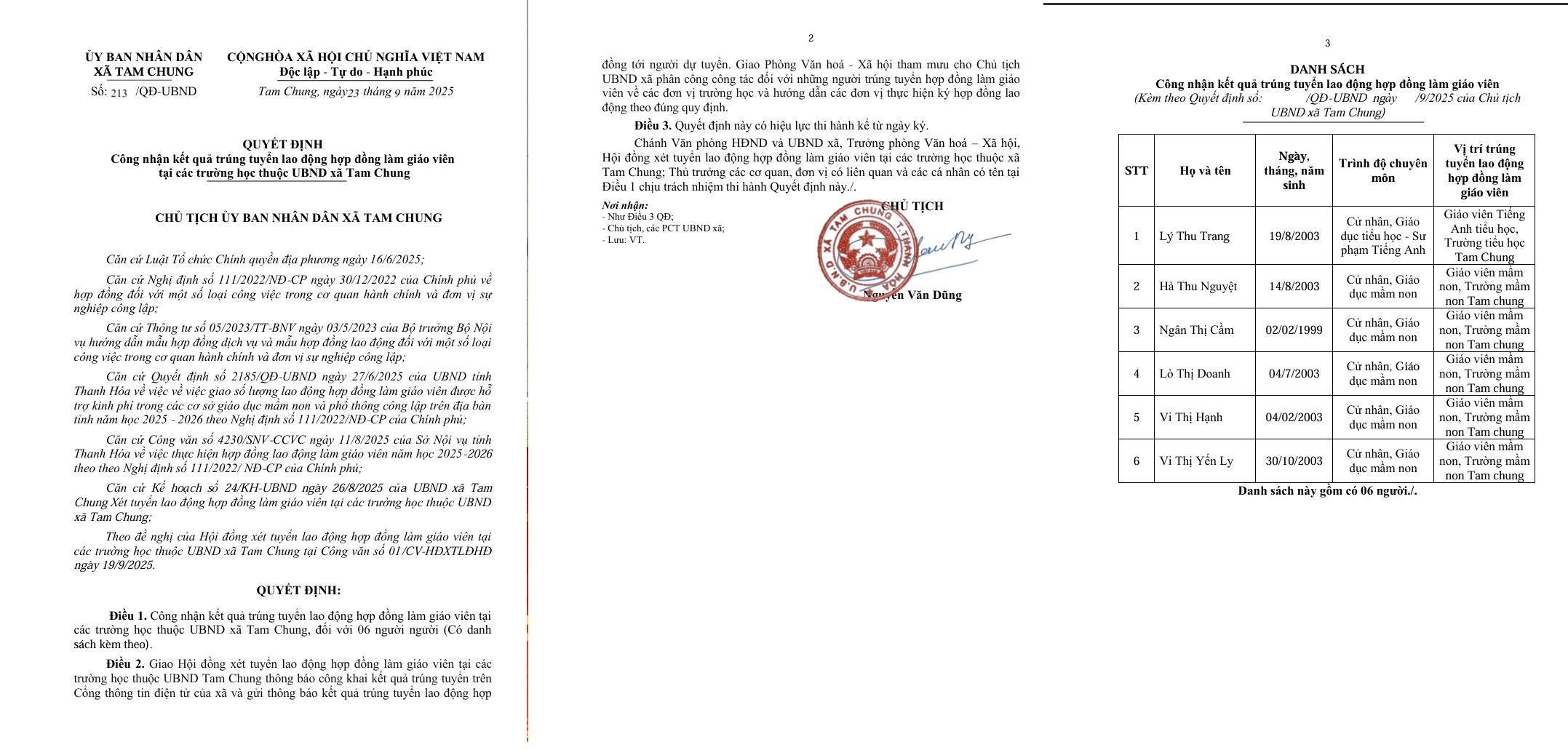 Thông báo Kết quả trúng tuyển lao động hợp đồng làm giáo viên tại các trường học thuộc UBND xã Tam Chung