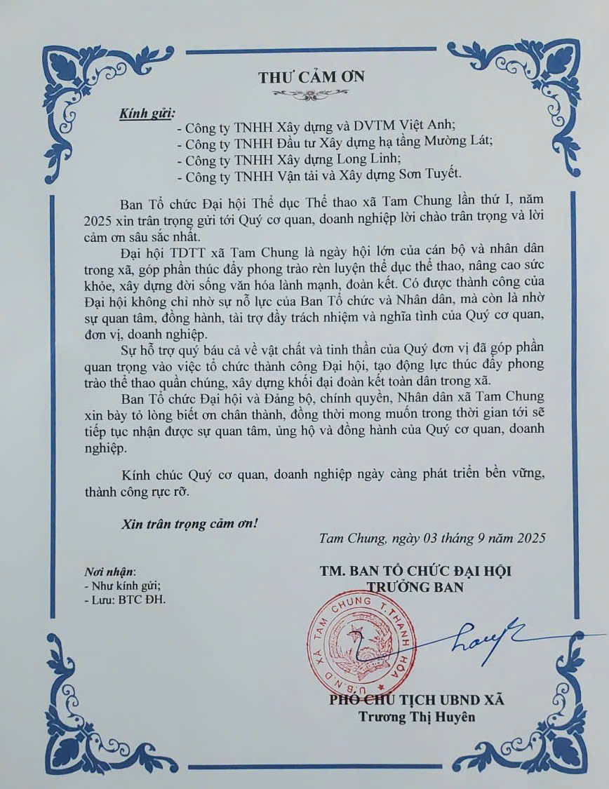 Doanh nghiệp đồng hành cùng Đại hội Thể dục Thể thao xã Tam Chung lần thứ I
