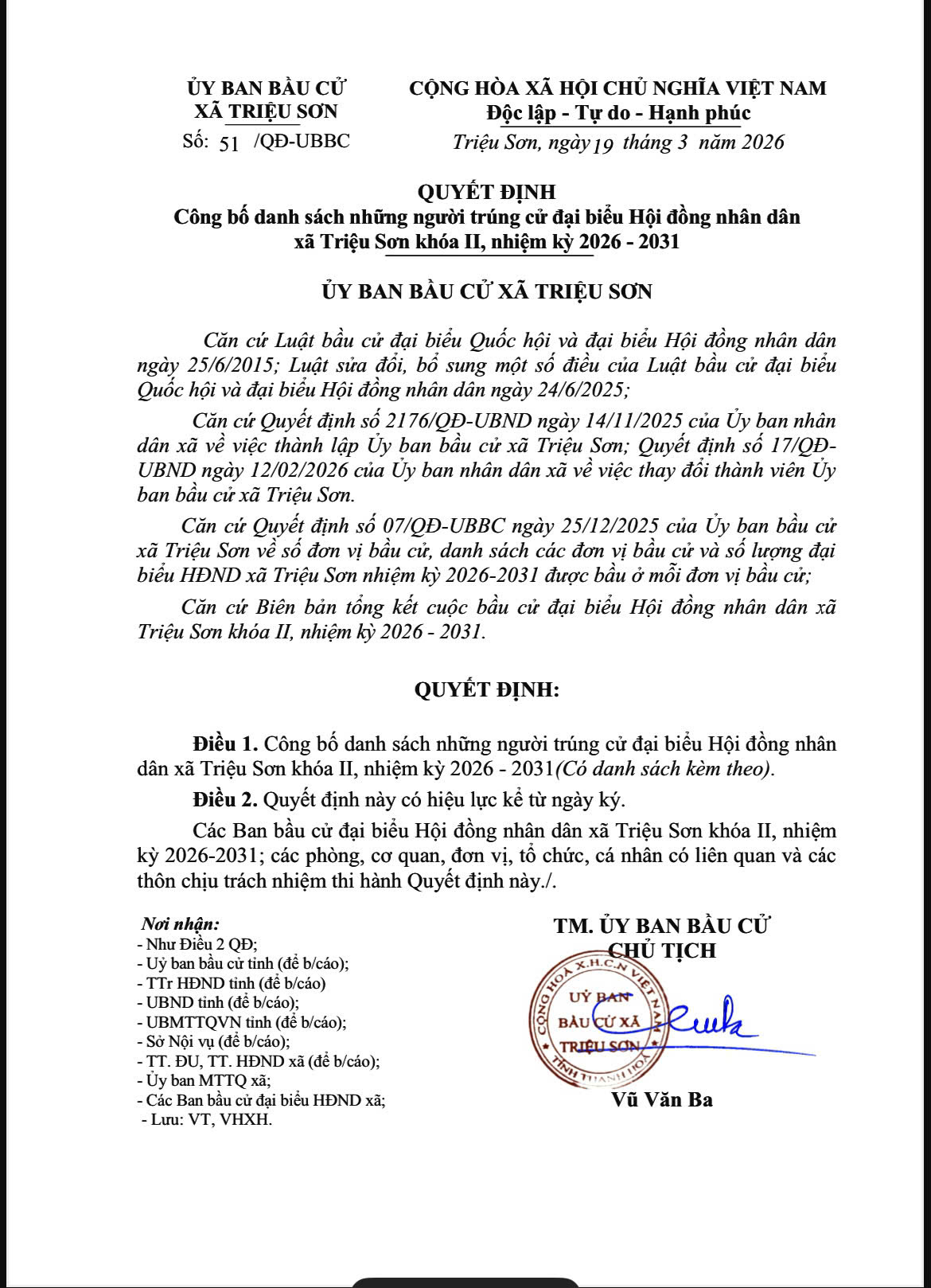 Ủy ban bầu cử xã Triệu Sơn Công bố danh sách những người trúng cử đại biểu Hội đồng nhân dân xã Triệu Sơn khóa II, nhiệm kỳ 2026 - 2031