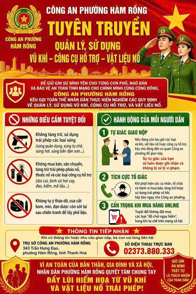Công an phường Hàm Rồng kêu gọi toàn thể Nhân dân trên địa bàn phường hưởng ứng mạnh mẽ cuộc vận động toàn dân giao nộp, thu hồi và tố giác các hành vi vi phạm pháp luật về vũ khí