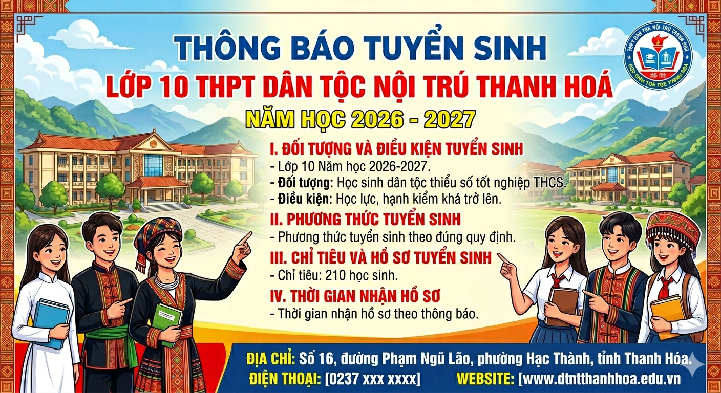 TRƯỜNG THPT DÂN TỘC NỘI TRÚ THANH HOÁ THÔNG BÁO TUYỂN SINH VÀO LỚP 10, NĂM HỌC 2026 - 2027 VỚI CHỈ TIÊU, PHƯƠNG THỨC TUYỂN SINH NHƯ SAU: 