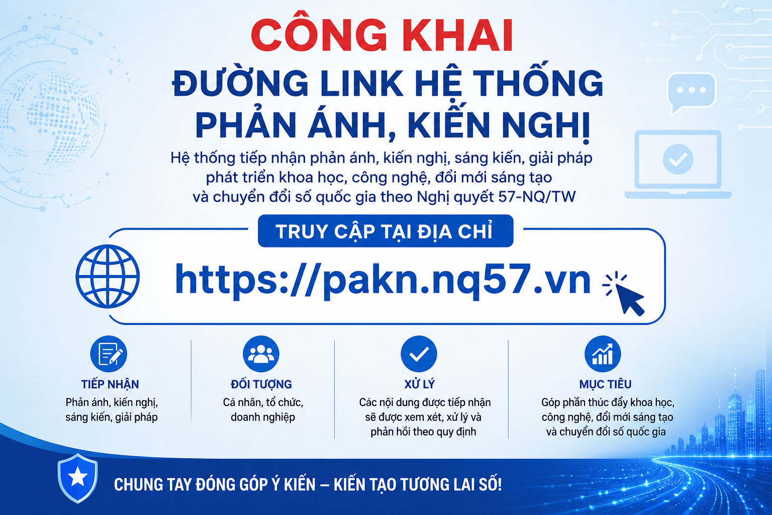 Công khai đường link hệ thống phản ánh, kiến nghị tại địa chỉ https://pakn.nq57.vn