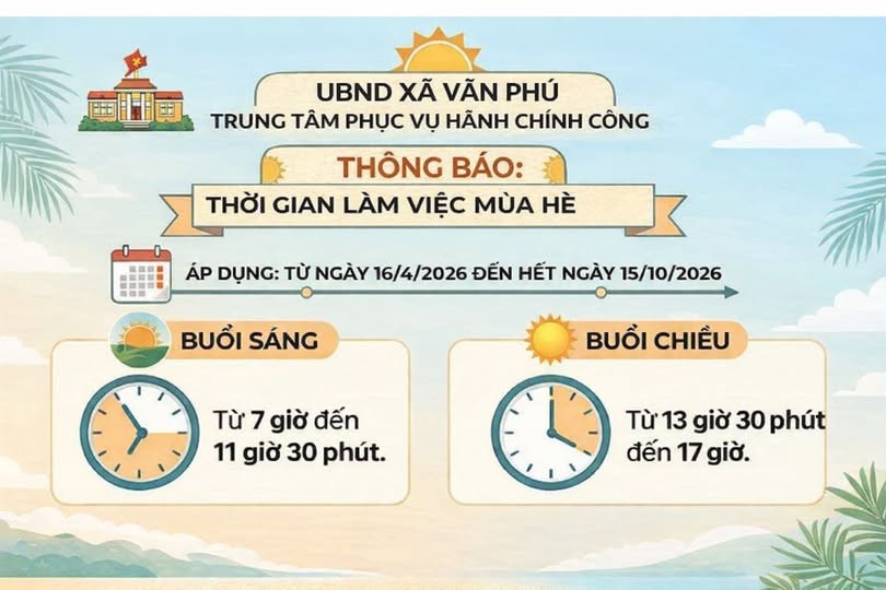 UBND XÃ VĂN PHÚ THÔNG BÁO: THỜI GIAN LÀM VIỆC MÙA HÈ:
