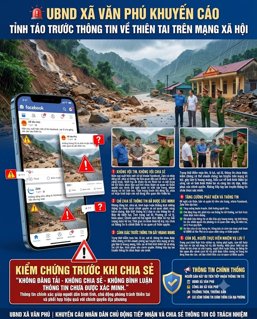 VĂN PHÚ KHUYẾN CÁO NGƯỜI DÂN, QUẢN TRỊ VIÊN CÁC TRANG MẠNG XÃ HỘI KHÔNG CHIA SẺ THÔNG TIN CHƯA ĐƯỢC XÁC MINH TRONG THỜI ĐIỂM MƯA LŨ