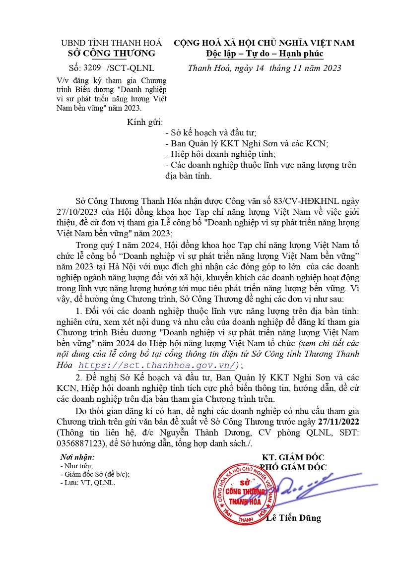 đăng ký tham gia Chương trình Biểu dương Doanh nghiệp vì sự phát triển năng lượng Việt Nam bền vững năm 2023.