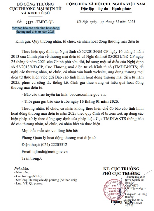 V/v nộp báo cáo tình hình hoạt động thương mại điện tử năm 2025