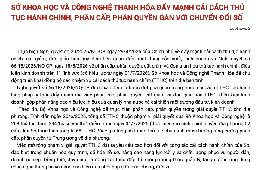 SỞ KHOA HỌC VÀ CÔNG NGHỆ THANH HÓA ĐẨY MẠNH  CẢI CÁCH THỦ TỤC HÀNH CHÍNH, PHÂN CẤP, PHÂN QUYỀN  GẮN VỚI CHUYỂN ĐỔI SỐ