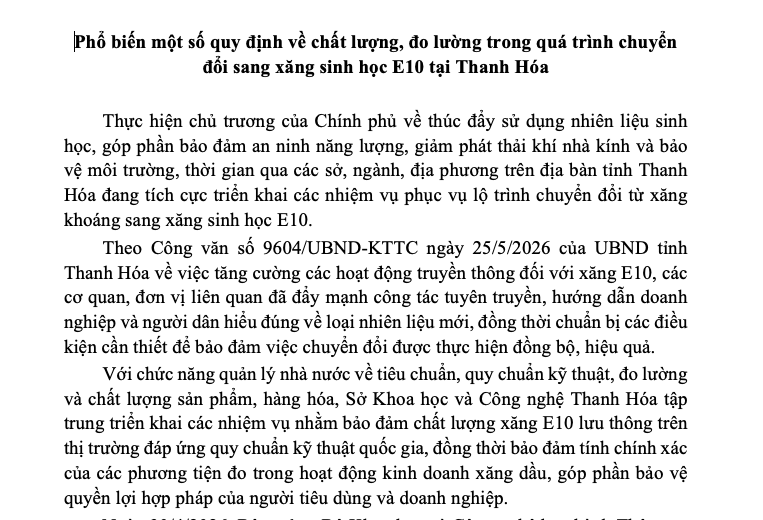 Phổ biến một số quy định về chất lượng, đo lường trong quá trình chuyển đổi sang xăng sinh học E10 tại Thanh Hóa