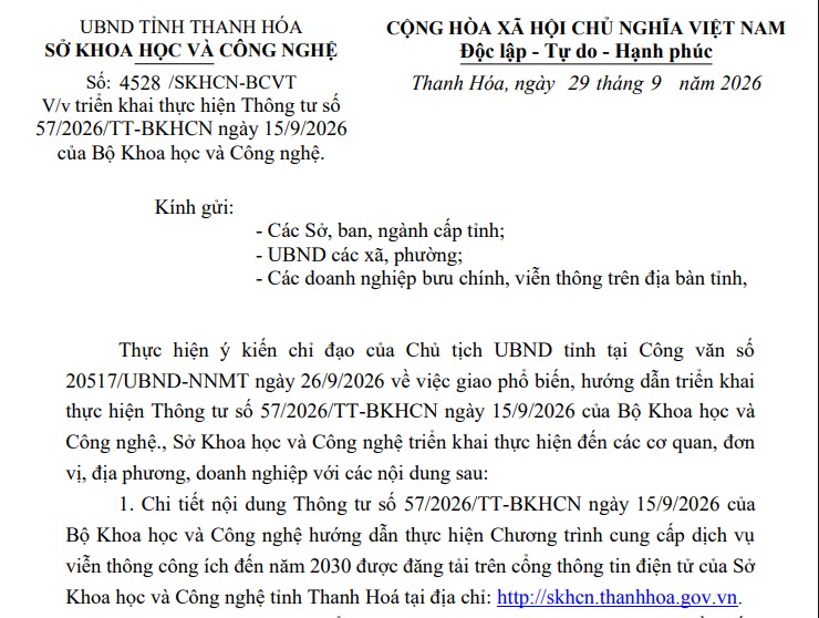 Triển khai thực hiện Thông tư số 57/2026/TT-BKHCN ngày 15/9/2026 của Bộ Khoa học và Công nghệ