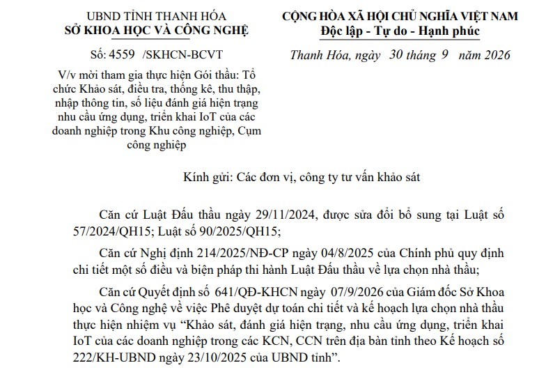 Thông báo mời tham gia thực hiện Gói thầu: Tổ chức Khảo sát, điều tra, thống kê, thu thập, nhập thông tin, số liệu đánh giá hiện trạng nhu cầu ứng dụng, triển khai IoT của các doanh nghiệp trong Khu công nghiệp, Cụm công nghiệp
