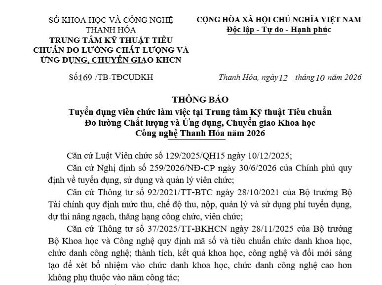 Thông báo : Tuyển dụng viên chức làm việc tại Trung tâm Kỹ thuật Tiêu chuẩn  Đo lường Chất lượng và Ứng dụng, Chuyển giao Khoa học  Công nghệ Thanh Hóa năm 2026