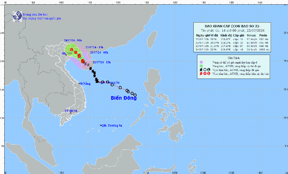 Bão số 2 đi sâu vào vịnh Bắc Bộ, gây mưa lớn trên diện rộng
