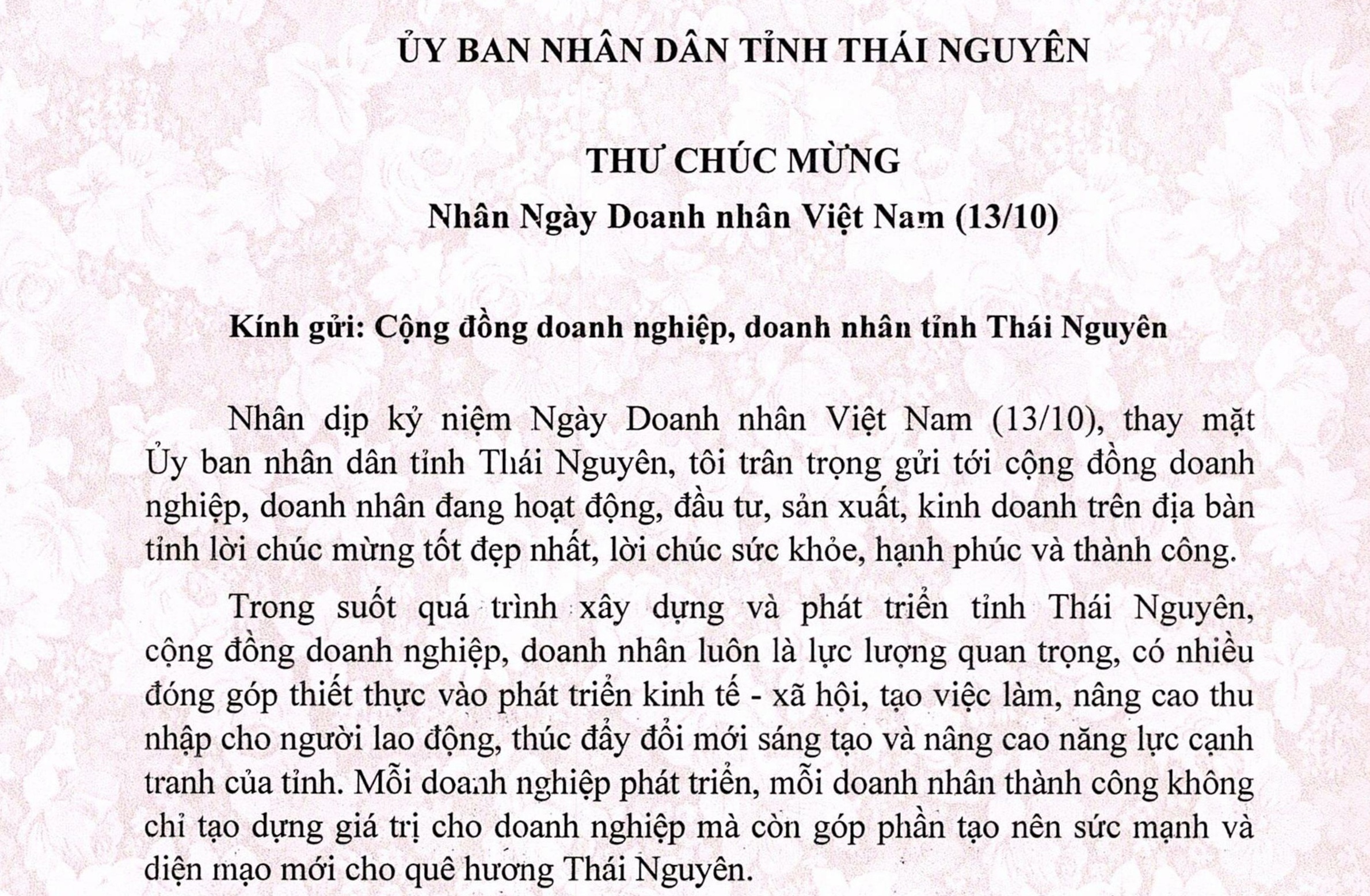 Chủ tịch UBND tỉnh Thái Nguyên gửi Thư chúc mừng nhân ngày Doanh nhân Việt Nam (13/10)