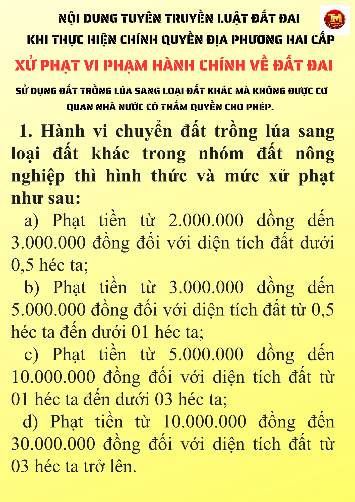 NỘI DUNG TUYÊN TRUYỀN LUẬT ĐẤT ĐAI  KHI THỰC HIỆN CHÍNH QUYỀN ĐỊA PHƯƠNG HAI CẤP (Xử phạt vi phạm hành chính về đất đai (Nghị định số 123/2024/NĐ-CP của Chính phủ)