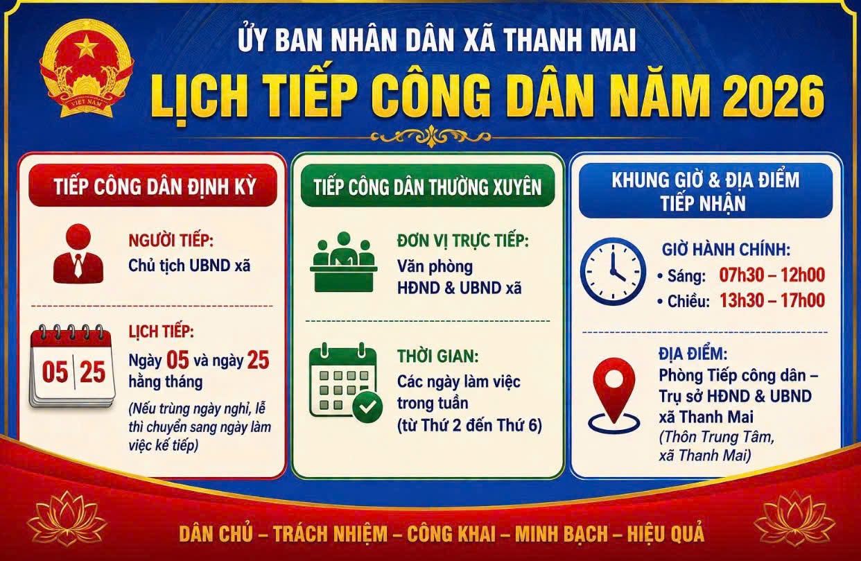 THÔNG BÁO LỊCH TIẾP CÔNG DÂN CỦA UBND XÃ THANH MAI