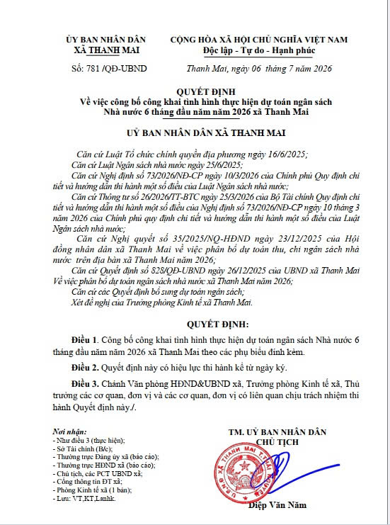 Quyết đinh về việc công bố công khai tình hình thực hiện dự toán ngân sách Nhà nước 6 tháng đầu năm năm 2026 xã Thanh Mai