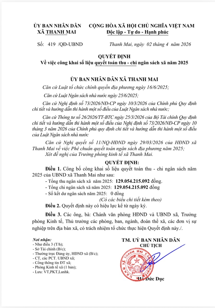QUYẾT ĐỊNH VỀ VIỆC CÔNG KHAI SỐ LIỆU QUYẾT TOÁN THU-CHI NGÂN SÁCH NĂM 2025 XÃ THANH MAI