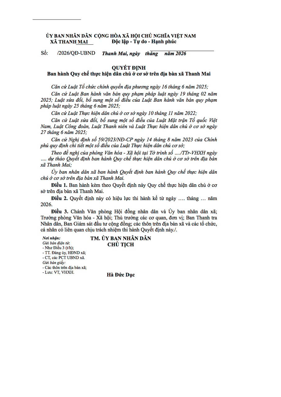 Dự thảo Quy chế thực hiện dân chủ ở cơ sở trên địa bàn xã thanh mai