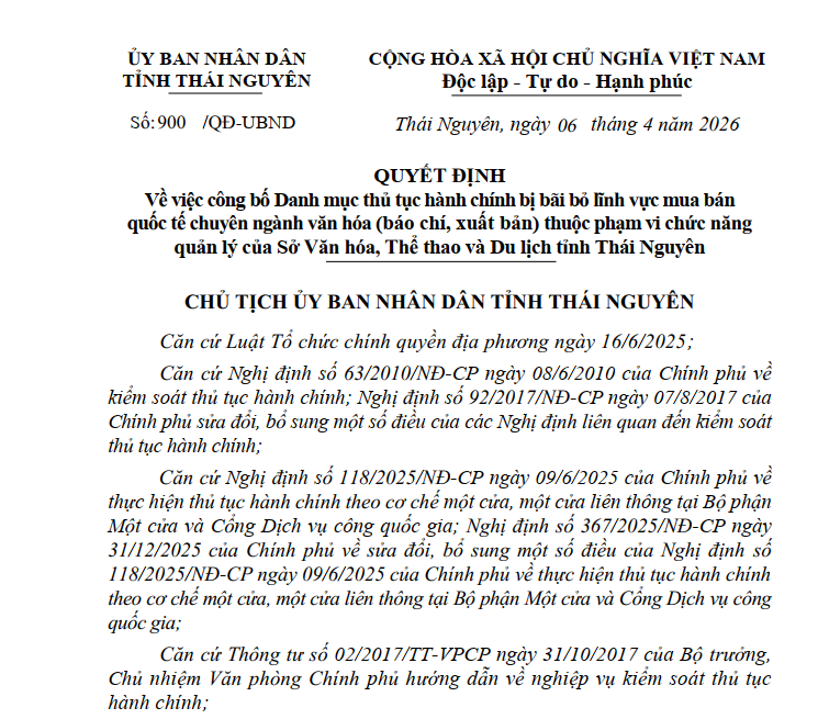QUYẾT ĐỊNH Về việc công bố Danh mục thủ tục hành chính bị bãi bỏ lĩnh vực mua bán quốc tế chuyên ngành văn hóa (báo chí, xuất bản) thuộc phạm vi chức năng quản lý của Sở Văn hóa, Thể thao và Du lịch tỉnh Thái Nguyên