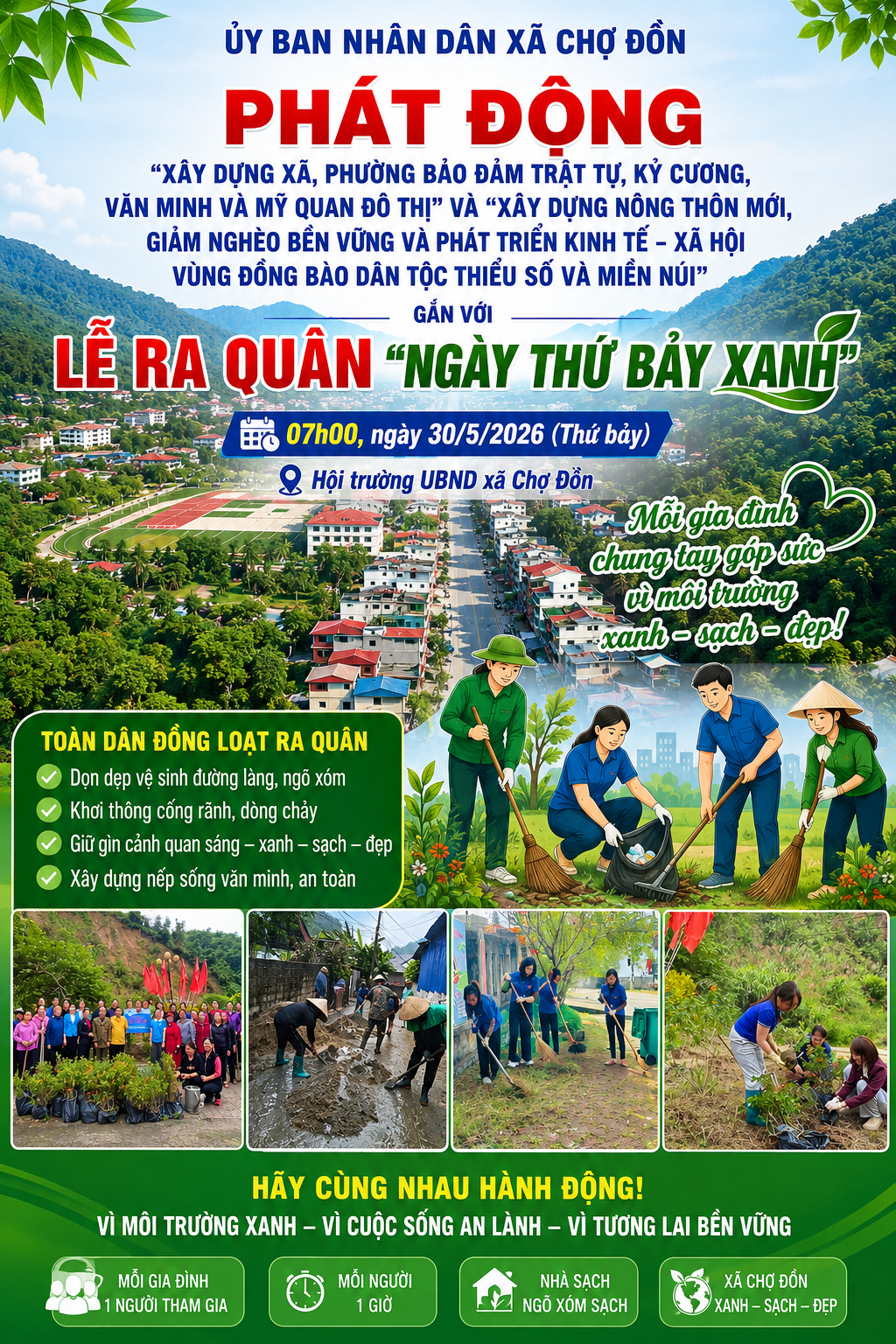 Xã Chợ Đồn triển khai kế hoạch tổ chức Lễ phát động thực hiện "Xây dựng xã, phường bảo đảm trật tự, kỷ cương, văn minh và mỹ quan đô thị" và "Xây dựng nông thôn mới, giảm nghèo bền vững và phát triển kinh tế - xã hội vùng đồng bào dân tộc thiểu số và miền núi" gắn với Lễ ra quân "Ngày thứ Bảy xanh"