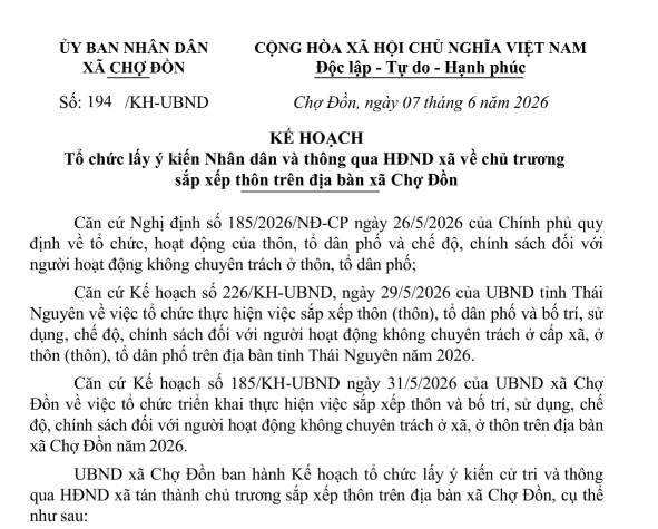 Kế hoạch tổ chức lấy ý kiến Nhân dân và thông qua Hội đồng nhân dân xã về chủ trương sắp xếp thôn trên địa bàn xã Chợ Đồn