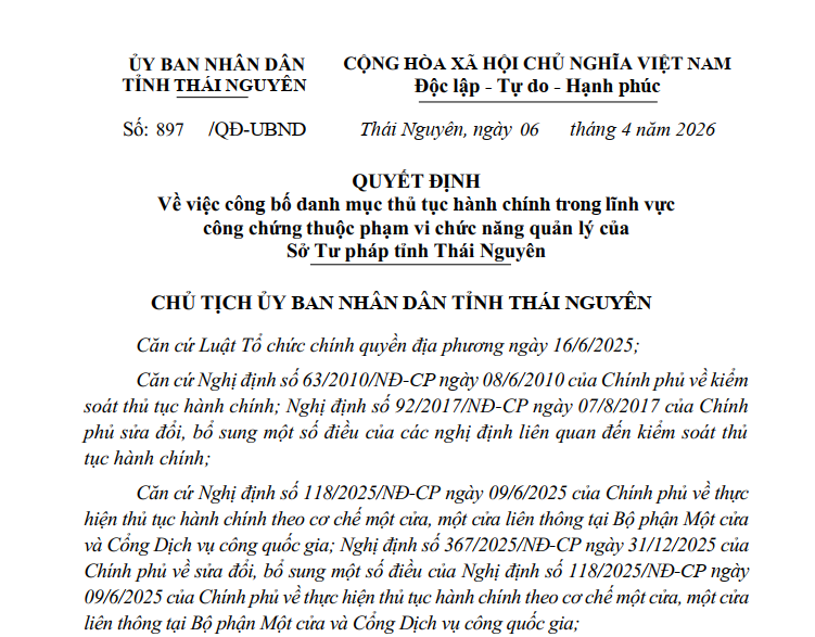 QUYẾT ĐỊNH Về việc công bố danh mục thủ tục hành chính trong lĩnh vực công chứng thuộc phạm vi chức năng quản lý của Sở Tư pháp tỉnh Thái Nguyên