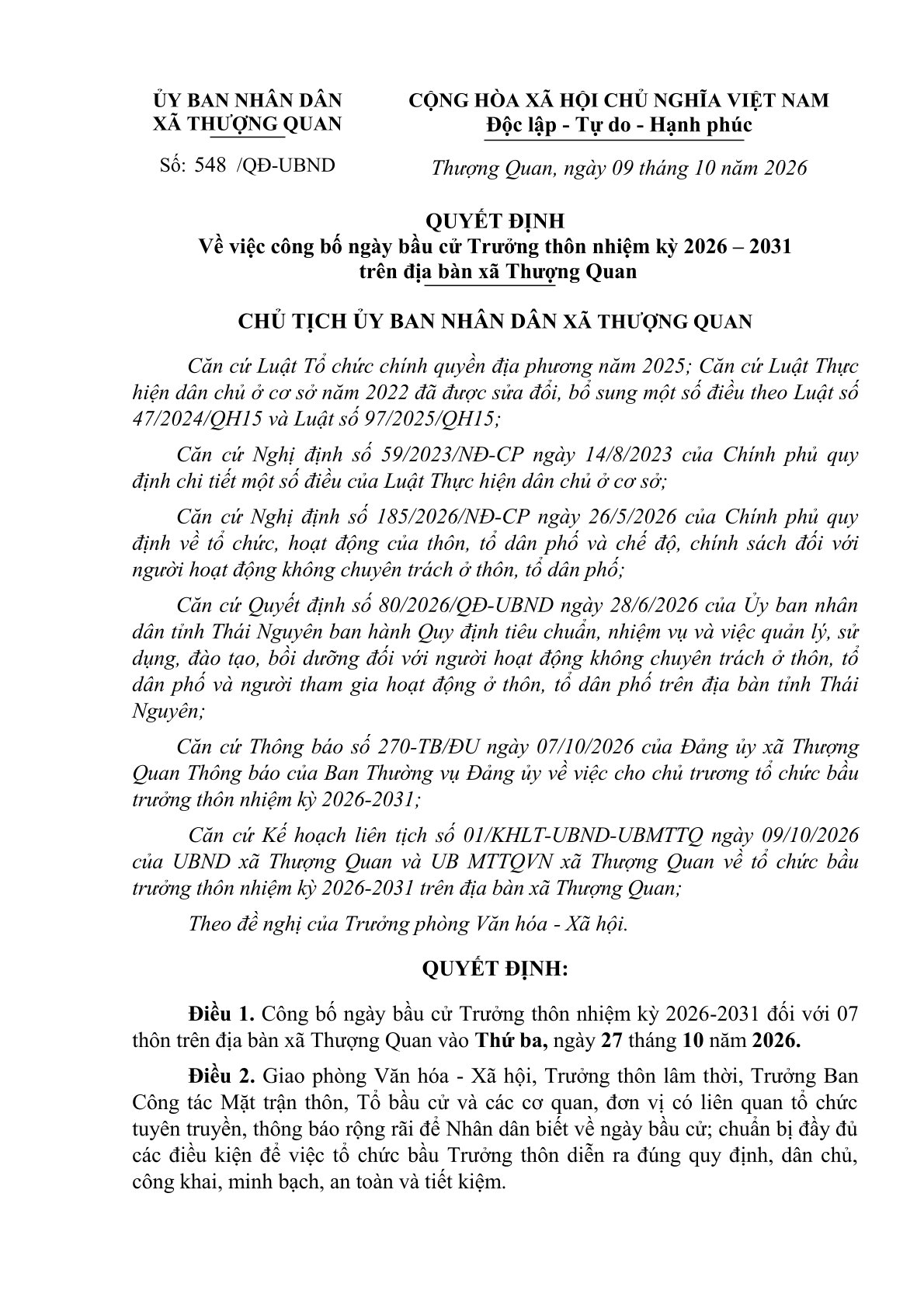 Công bố ngày bầu cử Trưởng thôn nhiệm kỳ 2026 – 2031 trên địa bàn xã Thượng Quan