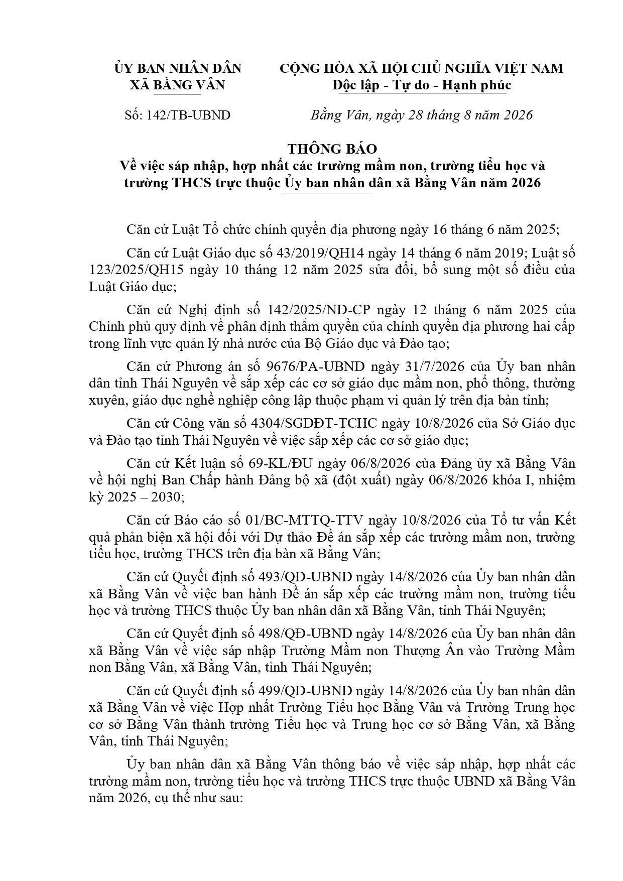 THÔNG BÁO Về việc sáp nhập, hợp nhất các trường mầm non, trường tiểu học và trường THCS trực thuộc Ủy ban nhân dân xã Bằng Vân năm 2026