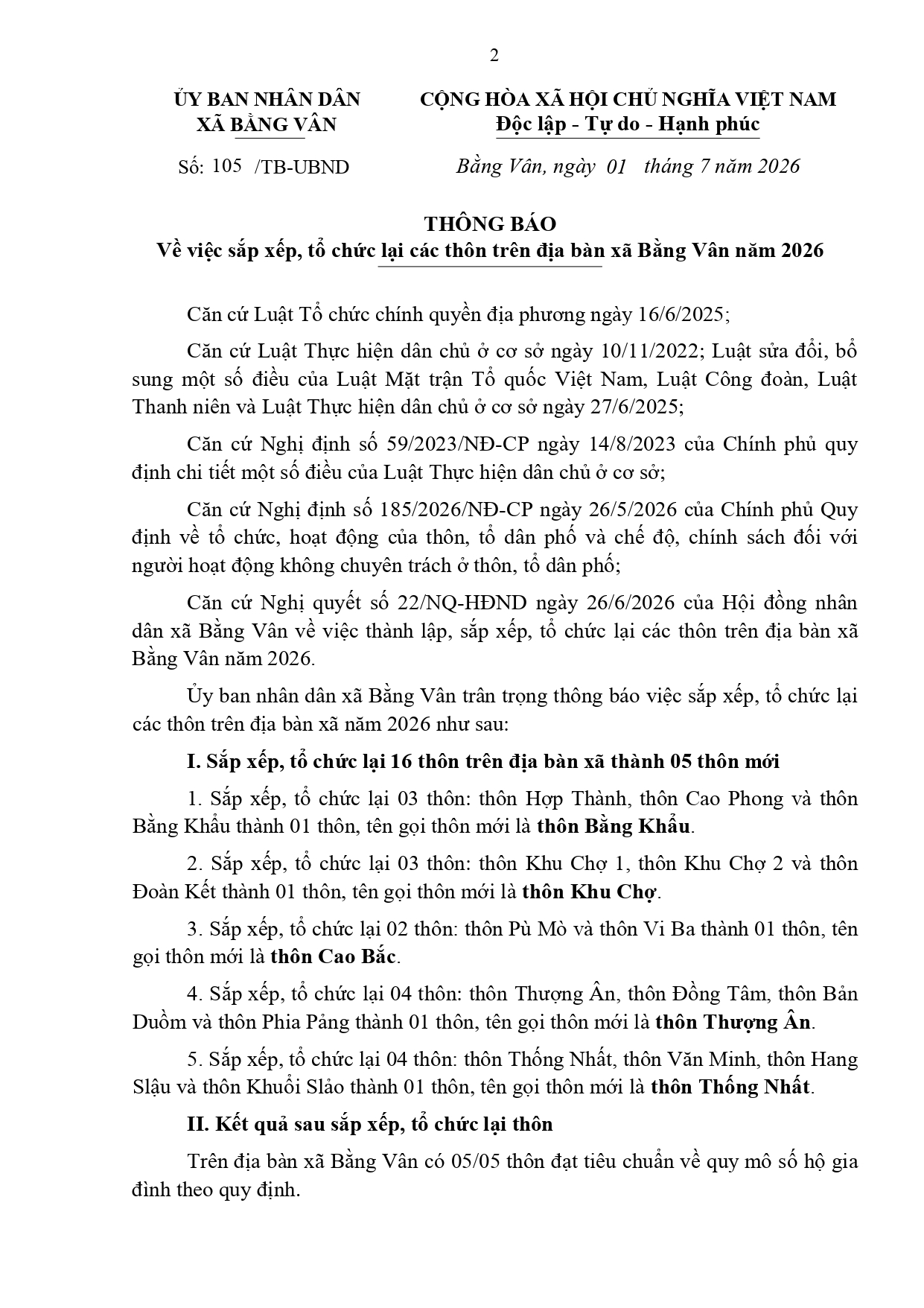 THÔNG BÁO Về việc sắp xếp, tổ chức lại các thôn trên địa bàn xã Bằng Vân năm 2026