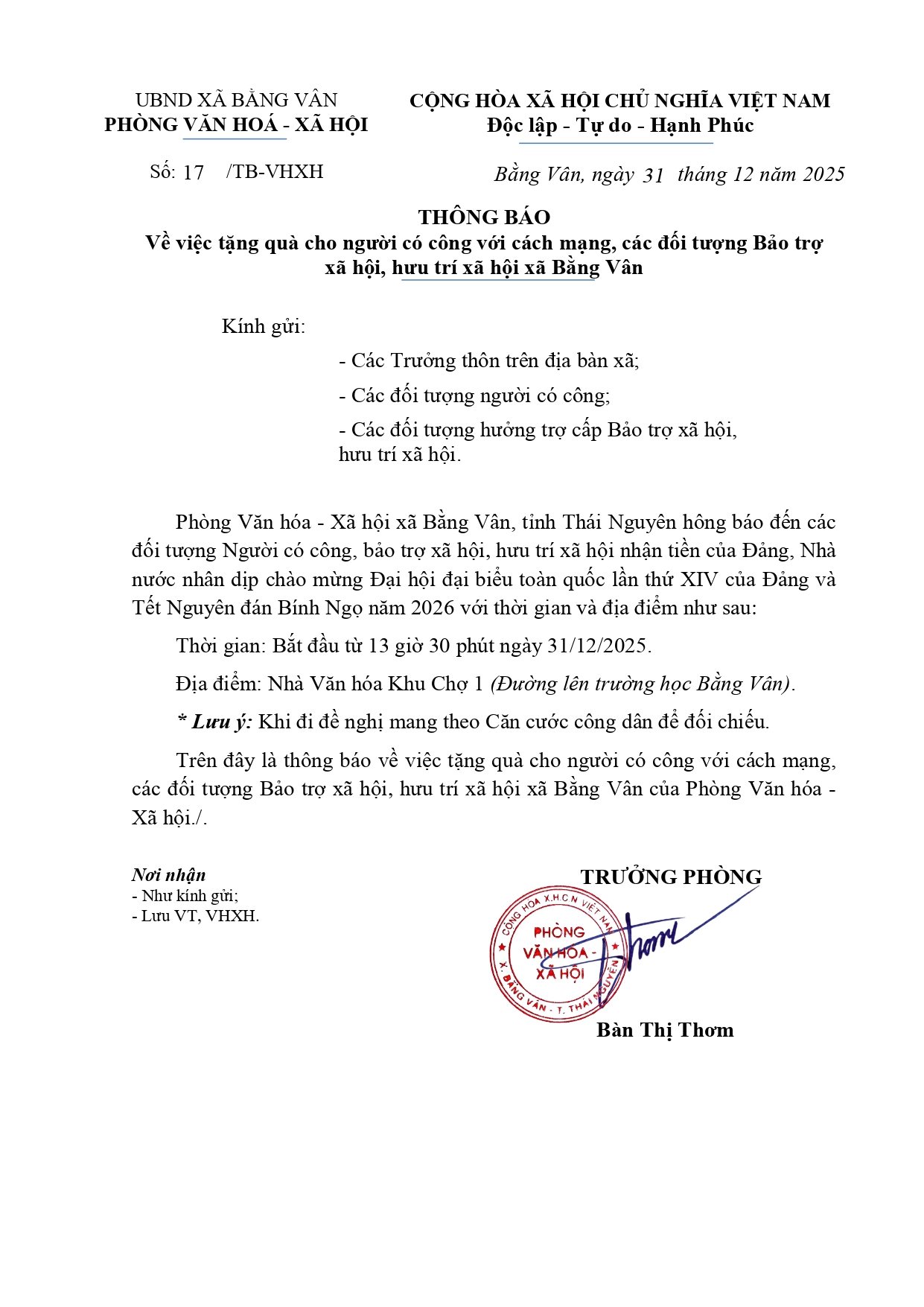THÔNG BÁO 