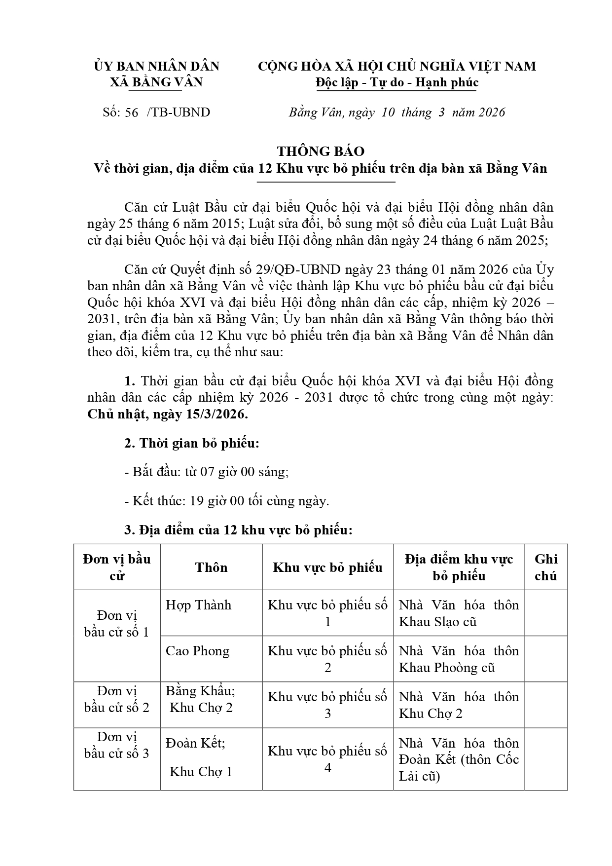 THÔNG BÁO Về thời gian, địa điểm của 12 Khu vực bỏ phiếu trên địa bàn xã Bằng Vân