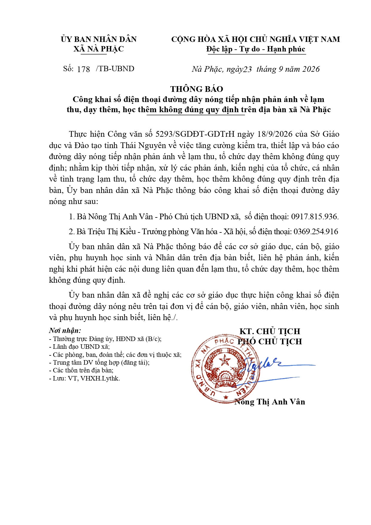 THÔNG BÁO Công khai số điện thoại đường dây nóng tiếp nhận phản ánh về lạm thu, dạy thêm, học thêm không đúng quy định trên địa bàn xã Nà Phặc