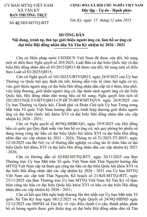 HƯỚNG DẪN Nội dung, trình tự, thủ tục giới thiệu người ứng cử, làm hồ sơ ứng cử đại biểu Hội đồng nhân dân Xã Tân Kỳ nhiệm kỳ 2026 - 2031