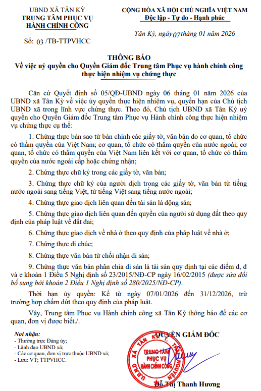 THÔNG BÁO VỀ THỰC HIỆN NHIỆM VỤ CHỨNG THỰC TẠI XÃ TÂN KỲ